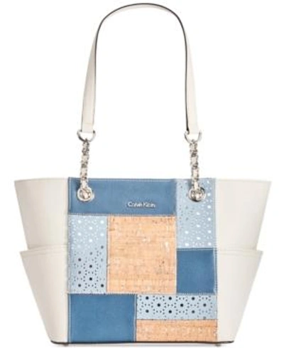 Calvin Klein Saffiano Cork Patchwork Key Items Tote In Blue Patch