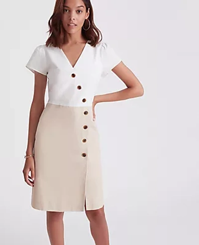 Ann Taylor Petite Button Trim V-neck Sheath Dress In White