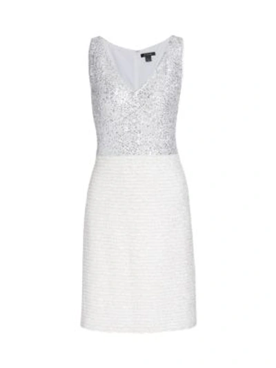 St John Optical Feather Stripe Sequin Dress In White/silver