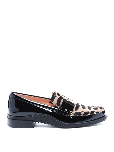 Tod's Patent And Calf Hair Loafers In Black