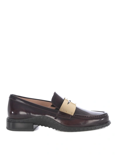 Tod's Metal Penny Bag Leather Loafers In Burgundy