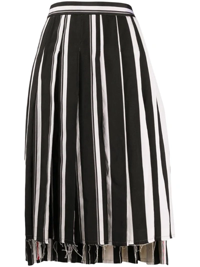 Thom Browne Dropped Back Pleated Skirt W/ Combo W/ Raw Edge In Bold Red Stripe Silk W/ Cotton Tie Jacquard In Black White