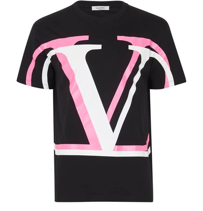 Valentino Garavani 2d V Logo Fluo Ss Tshirt In Nero Pink Fluo