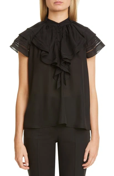 Adam Lippes Lace Trim Ruffle Silk Top In Black