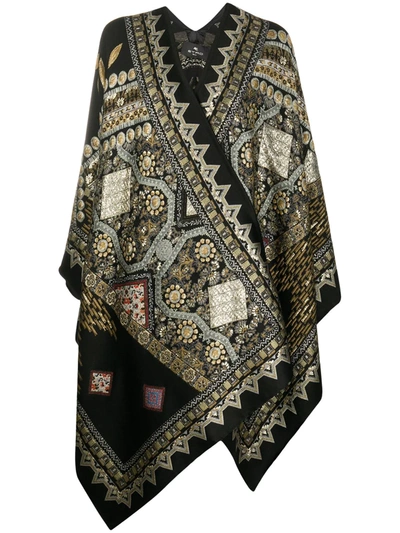 Etro Embroidered Wool-blend Poncho In Black