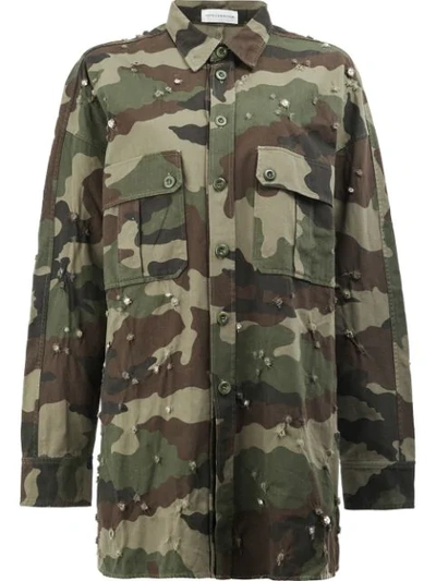 Faith Connexion Distressed Camouflage Print Long Shirt In Green