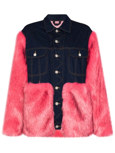 Natasha Zinko Oversized Faux-fur Denim Jacket In Denim/pink