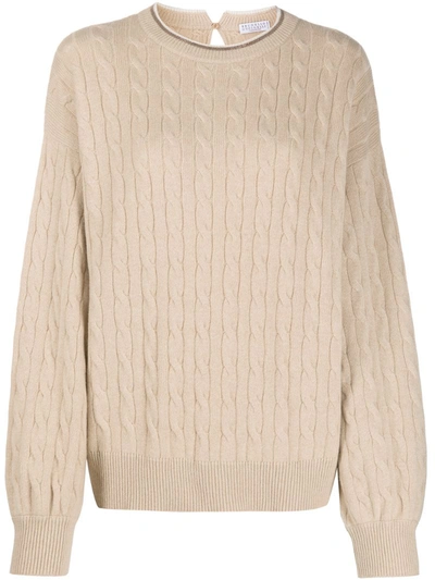 Brunello Cucinelli Bead-embellished Cable-knit Cashmere Sweater In Beige