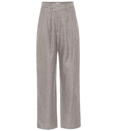 Brunello Cucinelli Pleated Houndstooth Linen, Wool And Silk-blend Wide-leg Pants In Brown