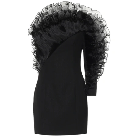 Alexandre Vauthier One-sleeve Ruffled Organza-trimmed Wool-crepe Mini Dress In Black