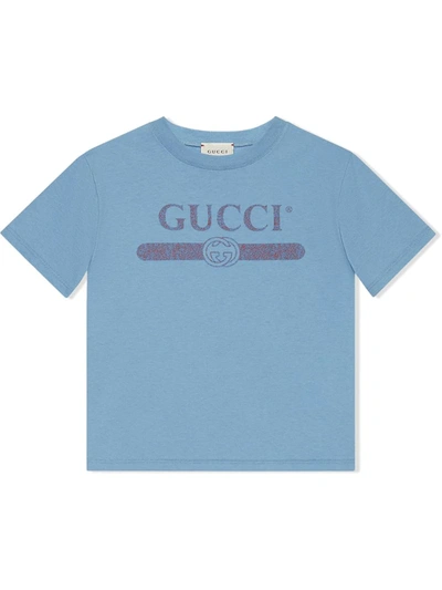 Gucci Kids' Logo Vintage Print Cotton Jersey T-shirt In Blue