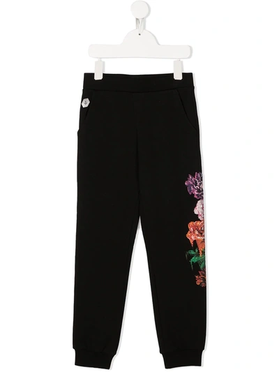 Philipp Plein Junior Kids' Rhinestone Floral Print Trousers In Black
