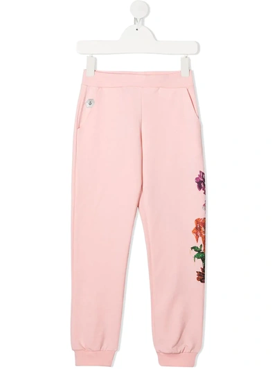 Philipp Plein Junior Kids' Crystal-embellished Floral-print Sweatpants In Pink