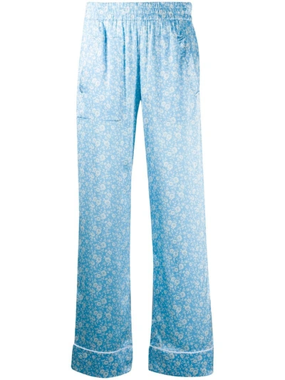 Ganni Printed Silk-satin Straight-leg Pants In Blue