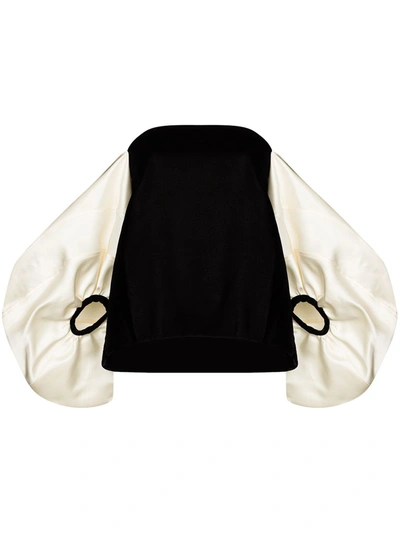 Rosie Assoulin Satin Balloon-sleeve Velvet Off-the-shoulder Top In Black