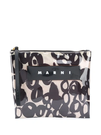 Marni Small Glossy Grip Abstract Drops Print Pouch In Beige,black