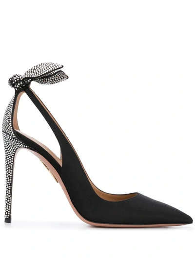 Aquazzura Bow Tie 105 Crystal-embellished Satin Pumps In Black