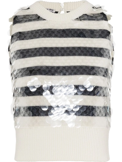 Miu Miu Sequin Striped Jumper Waistcoat In White