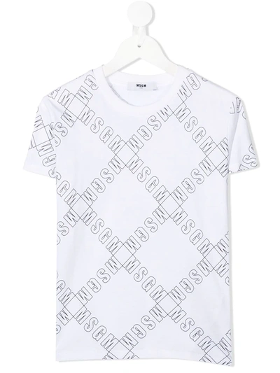 Msgm Kids' All-over Logo Print T-shirt In White