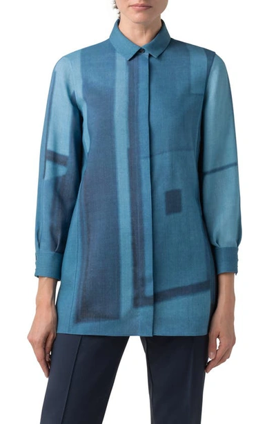Akris Window Print Wool Mousseline Shirt In Cyan