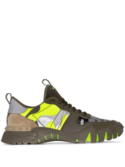 Valentino Garavani Rockrunner Camouflage-print Leather Sneakers In Army Green / Yellow