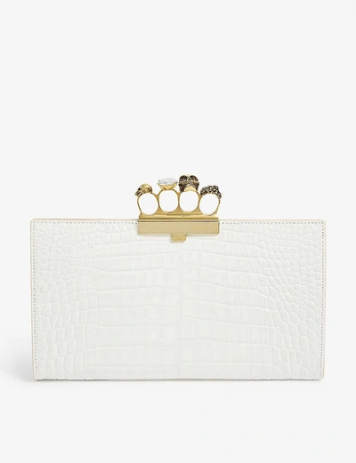 Alexander Mcqueen Four-ring Croc-embossed Leather Clutch In Ivory