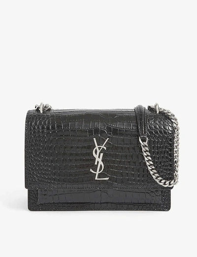 Saint Laurent Sunset Croc-effect Leather Shoulder Bag In Black/silver