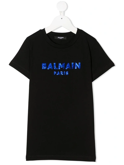 Balmain Teen Sequin Embellished Crew Neck T-shirt In Black