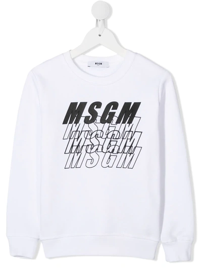 Msgm Kids' Logo Printed Cotton Sweatshirt In White