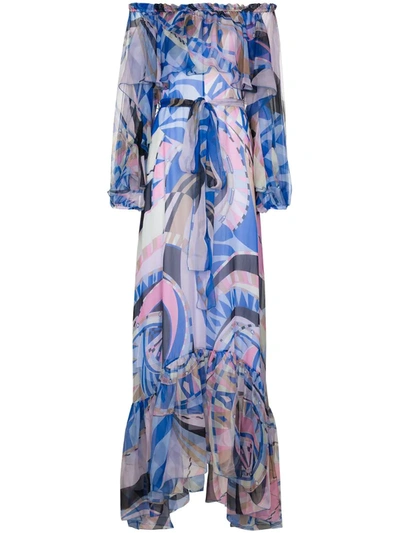 Emilio Pucci Blue Wally Print Ruffled Silk Gown