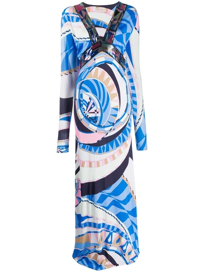 Emilio Pucci Wally-print Sequin-embellished Gown In Blue