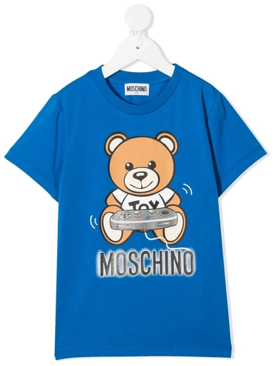 Moschino Kids' Gamer Bear Logo-print Cotton-blend T-shirt 4-14 Years In Blue