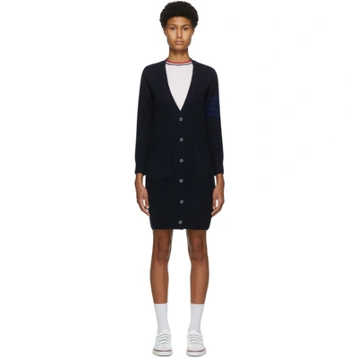 Thom Browne Navy Wool & Cashmere Overwashed 4-bar Cardigan In Blue