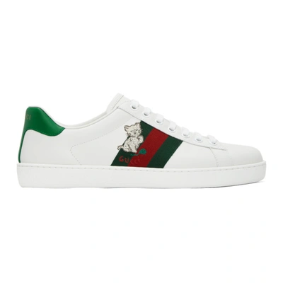 Gucci New Ace Pork Cat Embroidery Sneakers In 9114 White