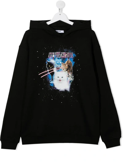 Msgm Kids' Laser Cats Cotton Hoddie In Black