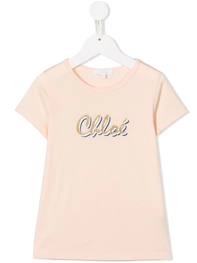 Chloé Kids' Logo Embroidered Cotton T-shirt In Pink
