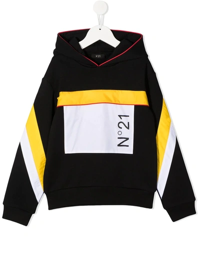 N°21 Teen Striped-print Branded Hoodie In Black