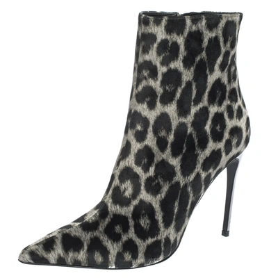 Pre-owned Stella Mccartney Beige/black Leopard Print Velvet Pointed Toe Ankle Booties Size 38