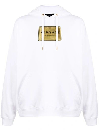 Versace White Address Plate Hoodie In White,gold