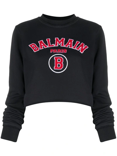 Balmain Cropped Collegiate Logo Sweatshirt In Black