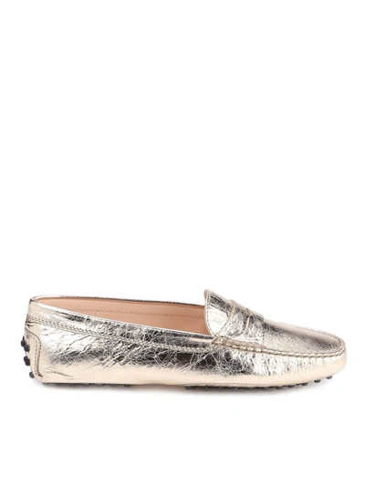 Tod's Crackled Leather Driver Loafers In Bronze Color In Gold