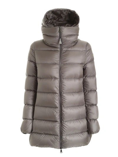 Moncler Ange Long Down Jacket In Grey Featuring Hood