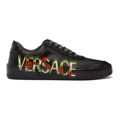 Versace Logo Printed Leather Sneakers In D41m Black