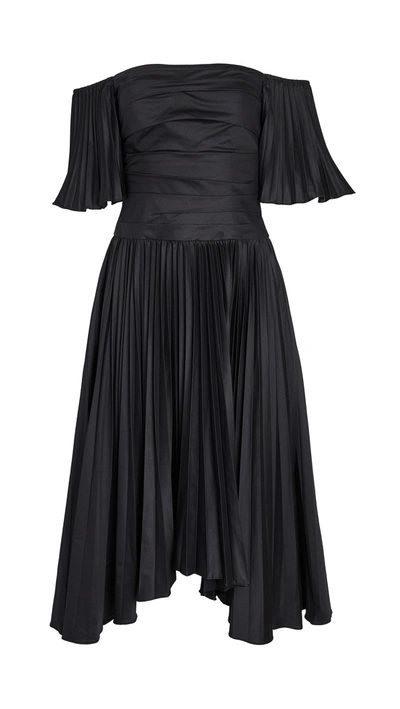 Amur Rinna Off-the-shoulder Pleated Midi Dress In Black