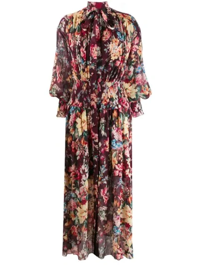 Zimmermann Pussy-bow Floral-print Cotton And Silk-blend Georgette Maxi Dress In Burgundy Floral