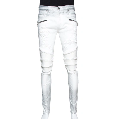 Pre-owned Balmain White Metallic Foil Print Distressed Skinny Biker Jeans M