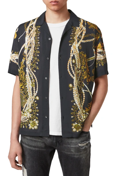 Allsaints Rubens Baroque Short Sleeve Button-up Camp Shirt In Black