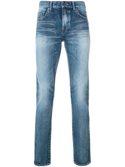 Saint Laurent Distressed Wash Skinny Jeans In Blue