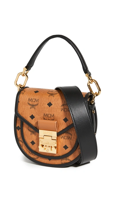 Mcm Patricia Visetos Color Block Leather Shoulder Bag In Cognac Black/gold