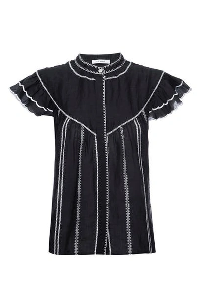 Frame Women's Embroidered Ruffle Ramie Blouse In Noir Multi